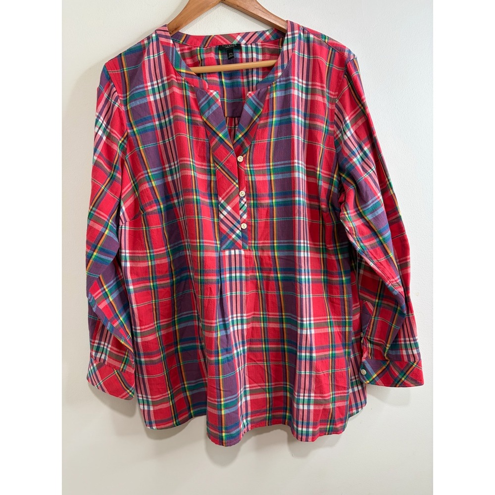 Talbots Womens Red Plaid Tunic Blouse 2XP Preppy Old Money Split Neck Western
